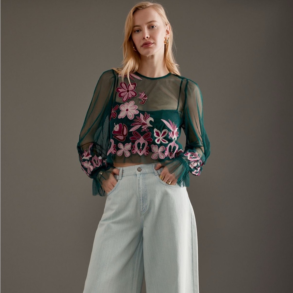 By Anthropologie Chic Sheer Top with Floral Embroidery
